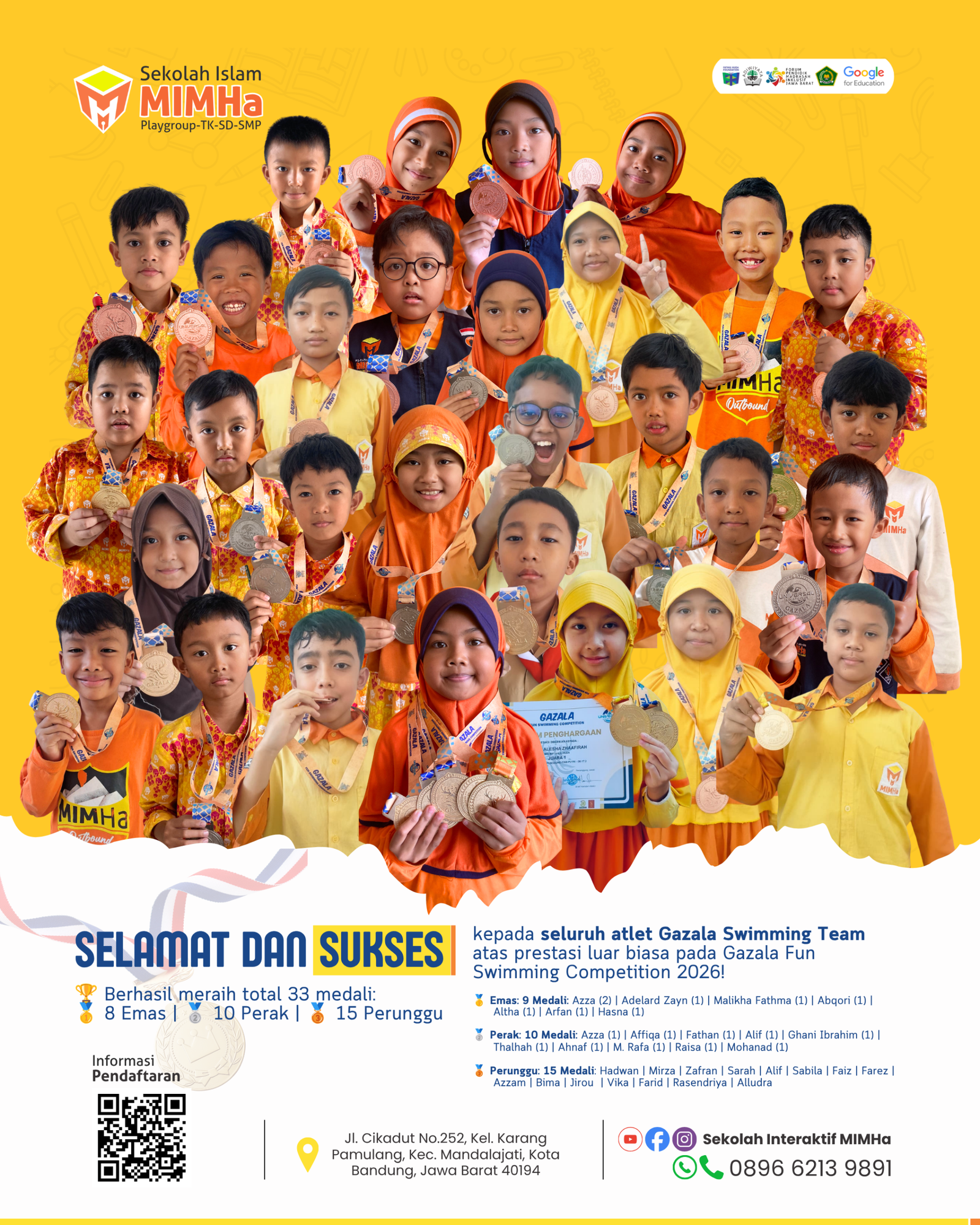 Atlet Gazala Swimming Team menunjukkan 33 medali dari Gazala Fun Swimming Competition 2026.